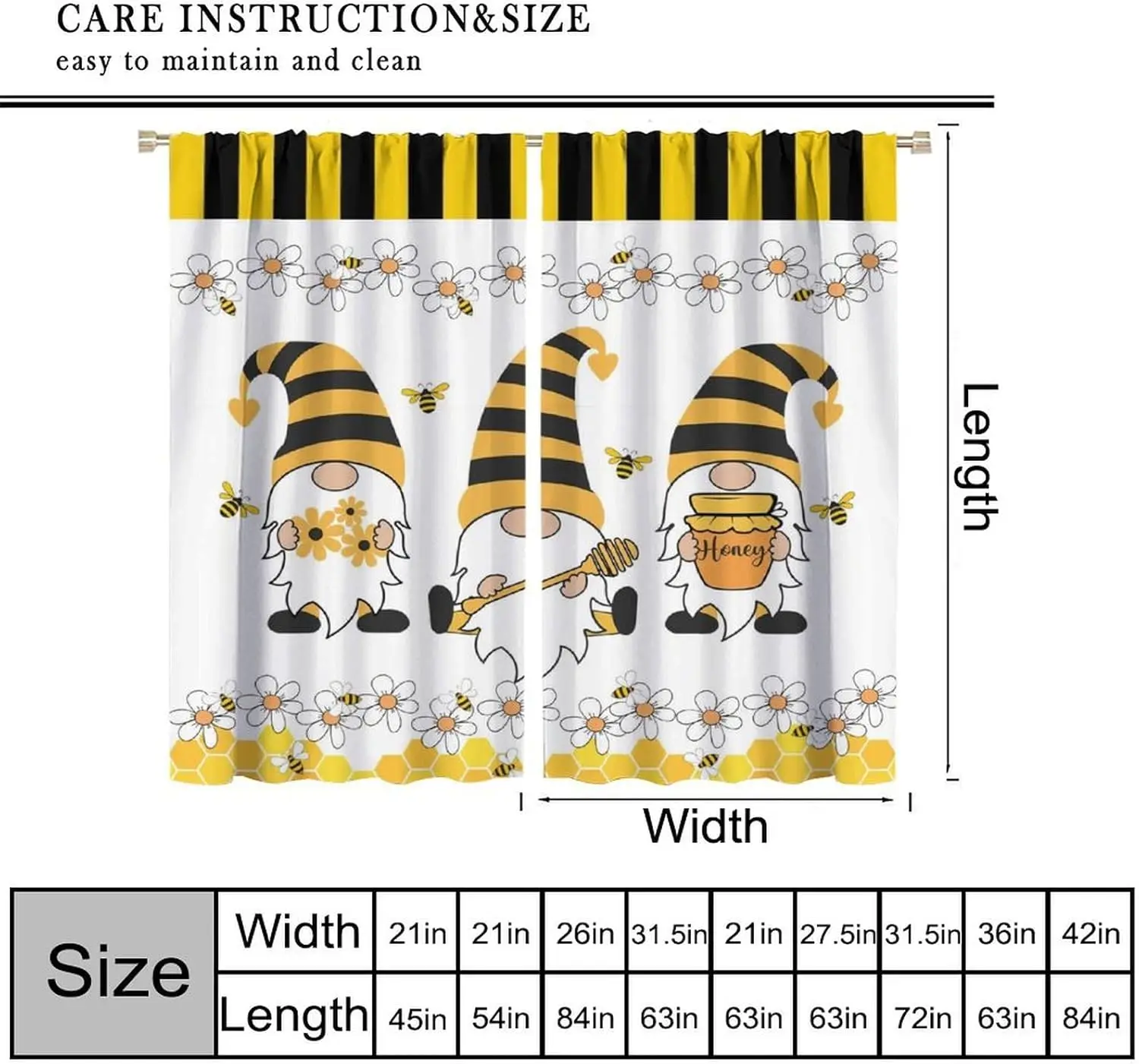 Whimsical Cottagecore Honey Bee Gnome Curtains Floral Window Drapes Pair Spring Nursery Room Decorative Yellow Pattern Curtain S