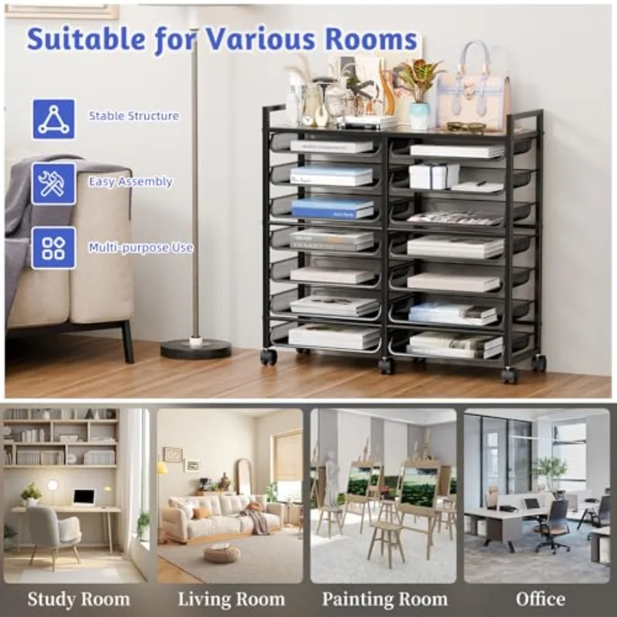 Rolling File Storage Cart 15-Tier Metal Desk File Organizer with 14 Mesh Sliding Trays Multi-Functional Clutter Cart for Office