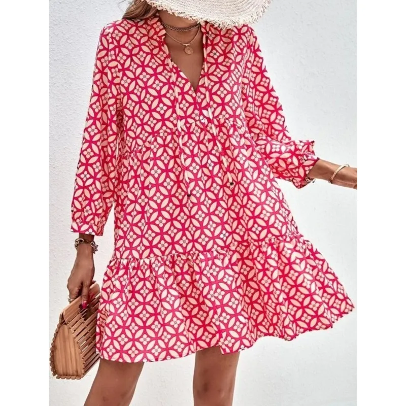 Casual Boho Holiday Clothing Floral Print Dress For Women V Neck Three-Quarters Sleeve Spring Autumn Elegant Party Dress Female