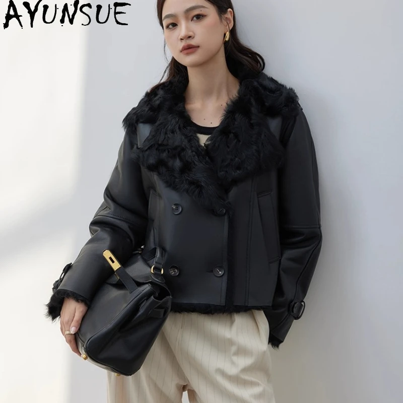 AYUNSUE 天然羊皮毛皮コート バイクジャケット 本革ジャケット レディース 2025 暖かい冬服 女性用