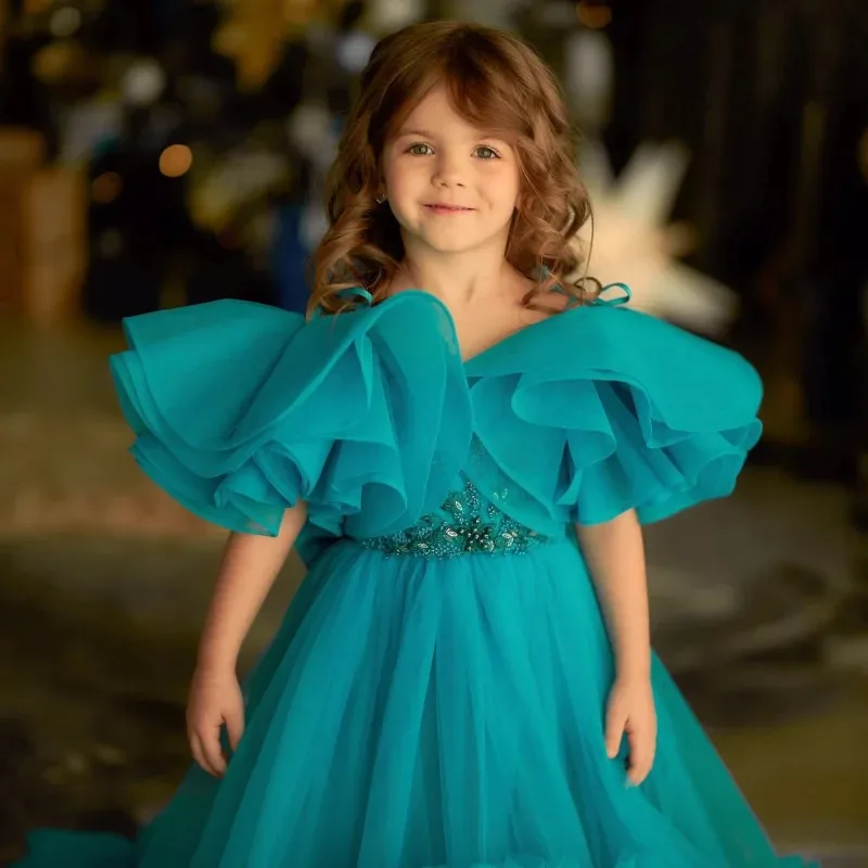 Dark Green Flower Girl Dress Pageant Gown for Wedding Ruffles Beaded Floor Length Kids Birthday Party First Holy Communion Gowns