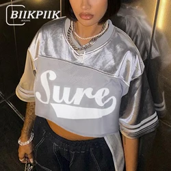 BIIKPIIK Letter Printed T-shirts Streetwear Patchwork Crop Tops Fashion Silver V-neck Tees Clubwear Sporty Outfits Casual Summer