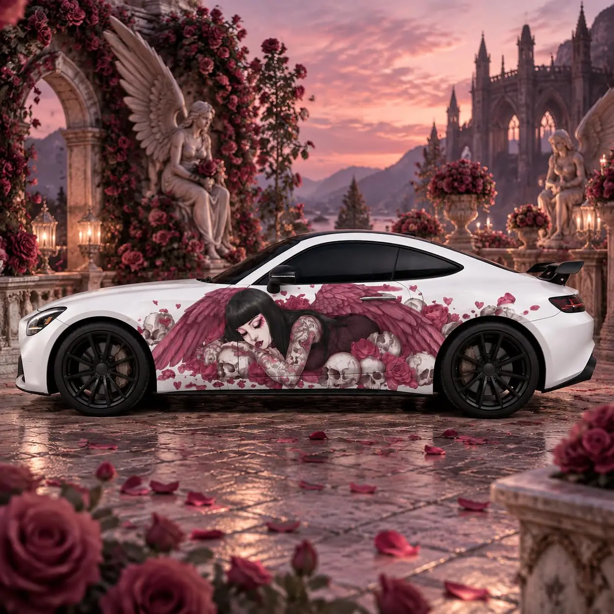 Gothic Angel Skull Rose Car Side Vinyl Wrap Decal Sticker