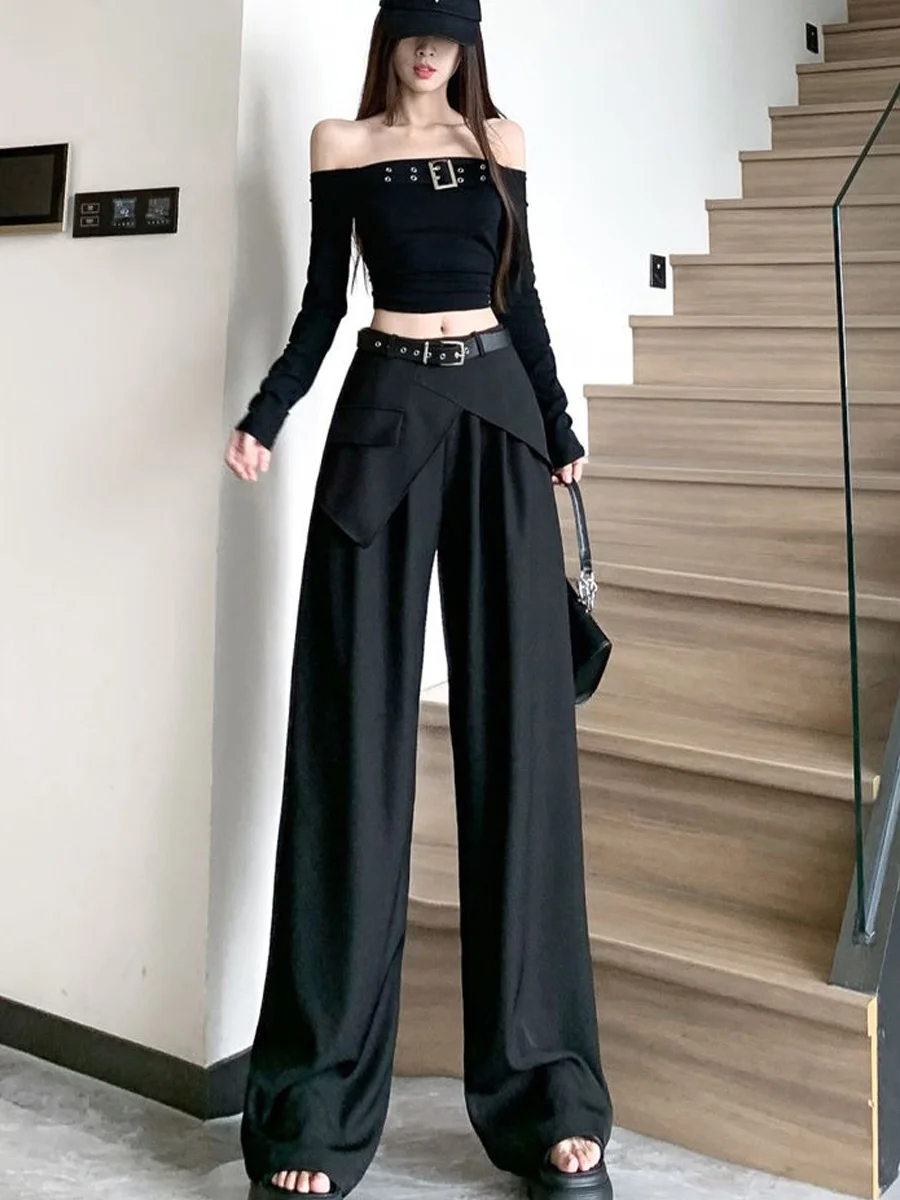High Waist Wide Leg Pants Women's Casual Straight Cut Loose Fit Draped Floor Length Trousers Asymmetrical Design Autumn New A...