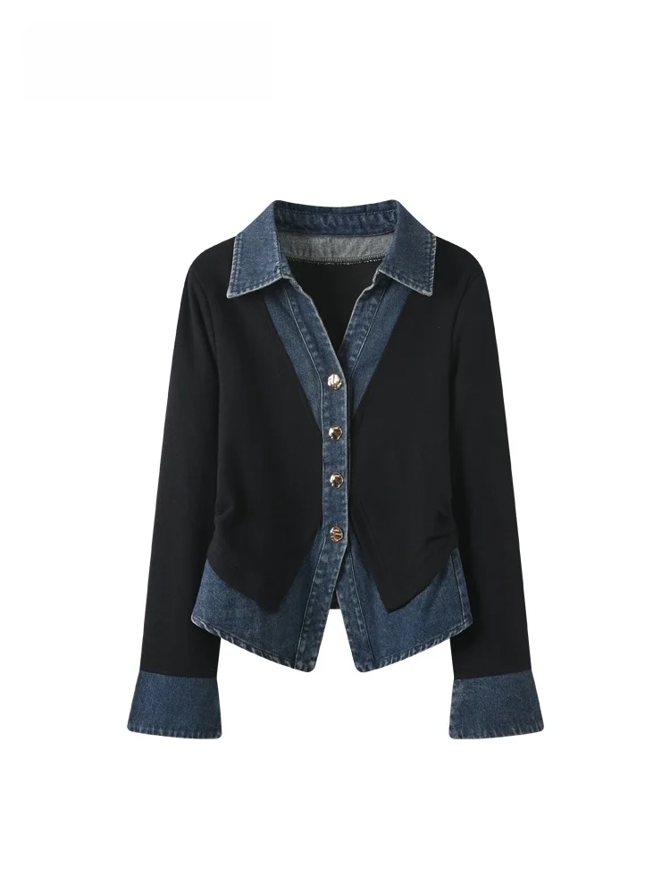 

Loose Women's Denim irt plus Size Autumn Winter New Sle College Sle Top Trendy Fake Two-Piece Breathable Polyester Fiber