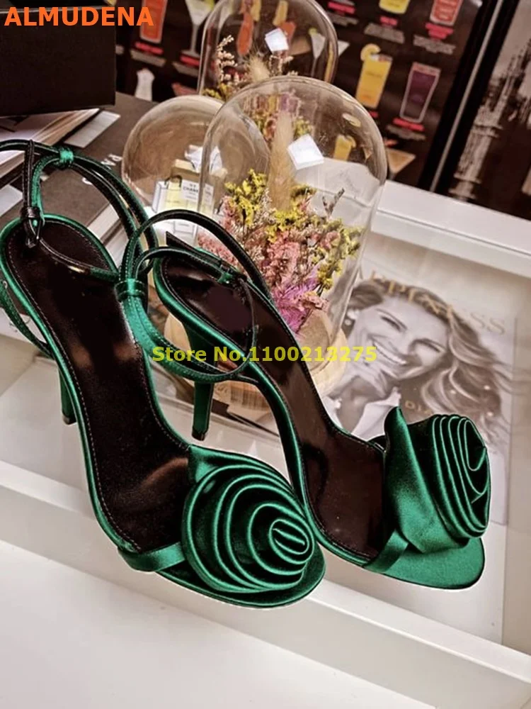 

Silk Rosy Flower Stiletto Heel Sandals Thin High Heel Ankle Strap Round Toe Summer Women Green Shoes Round Toe Ladies Footwear