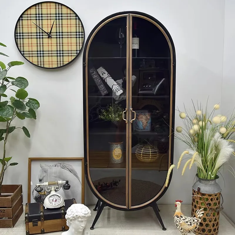 Living Room Furniture Black Vintage Retro Industrial Style Metal Iron Arched Oval Tall Storage Cabinet With Glass Door