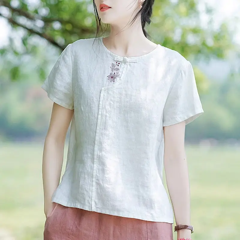 Women Summer Elegant Loose Chinese Style Embroidered Flax O-neck Short Sleeve T-Shirt Women Clothes Casual Appear Thin Top Tee