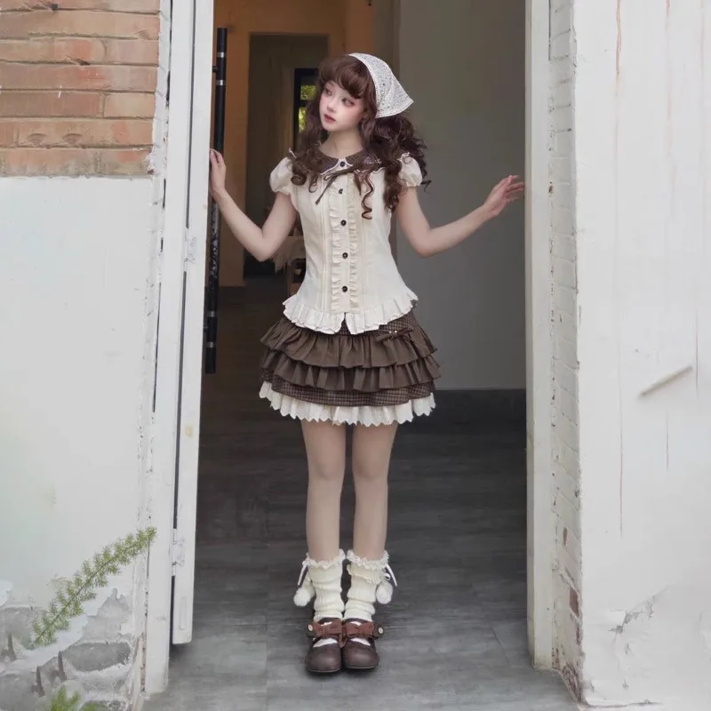 Vintage Kawaii Korean Fashion Brown Plaid Ruffle Tiered Mini Skirt Summer Cute Bow High Waist A-line Puffy Cake Skirts for Women