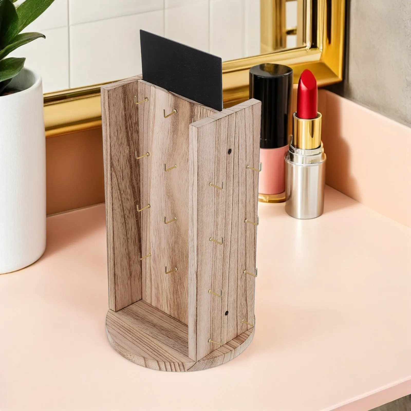 Wooden Rotating Jewelry Display Stand 40 Hooks Light Brown Rustic Earring Organizer Jewelry Holder for Vendors Craft Fair