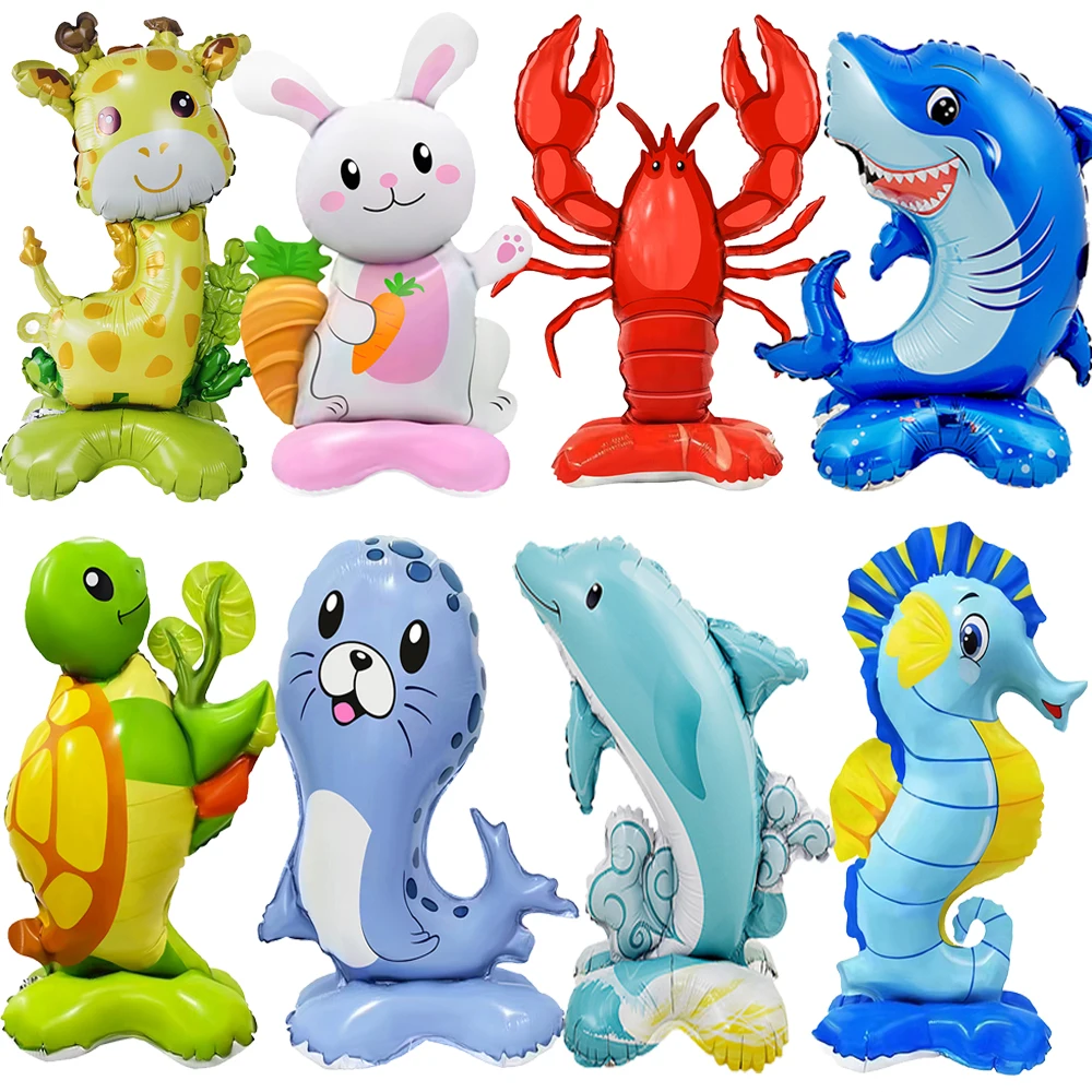 Стоячие милые животные-жирафы, уплотнения, черепахи, акулы, дельфин, кролик, фольгированные шары, животные, море, зоопарк, тематические украшения для дня рождения