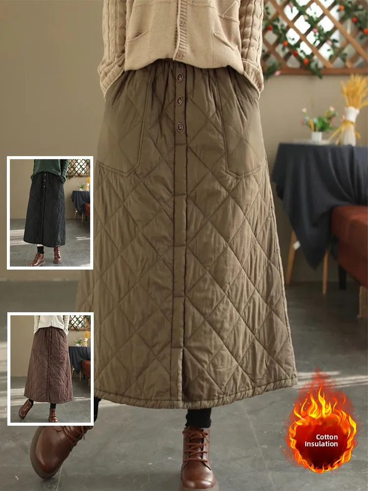 Geschnittener Winter-F-Rock mit Knopf und großem Ket-Midirock in A-Linie mit hoher Taille für Damen, Baumwollmischung mit Rautengittermuster