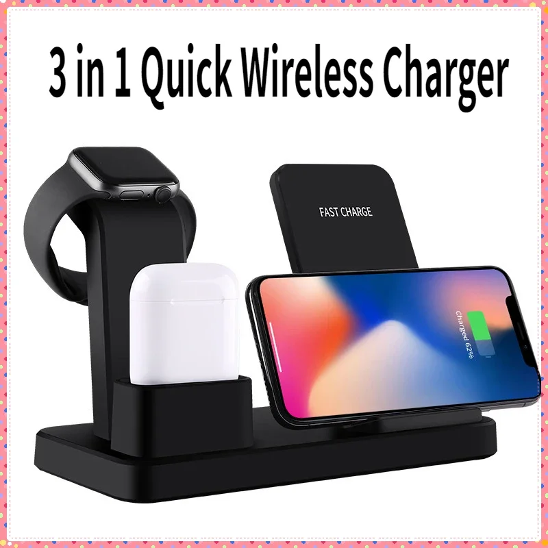 

10W LED Fast Wireless Charger Stand 3 in 1 Foldable Charging Station For iPhone 15 14 13 12 11 Apple Watch 9 8 7 6 5 Airpods Pro