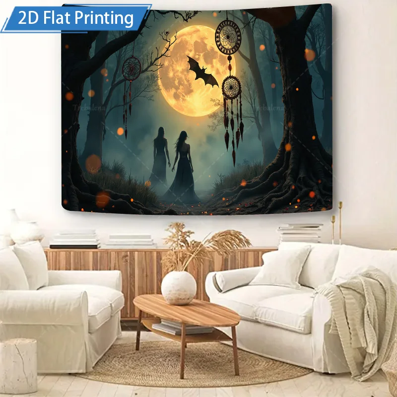 1pc Wall Tapestry Mystic Forest Moonlight Tapestry with Dreamcatchers and Bats, Gothic Halloween Wall Hanging
