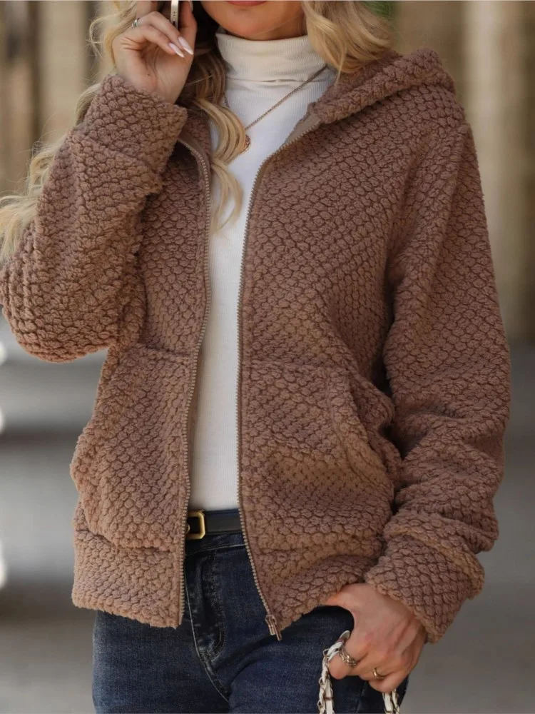Women's Temperament Commuting Long-sleeved Jacket Autumn Winter Loose Casual Solid Color Pocket Hooded Zipper Cardigan Plush Top