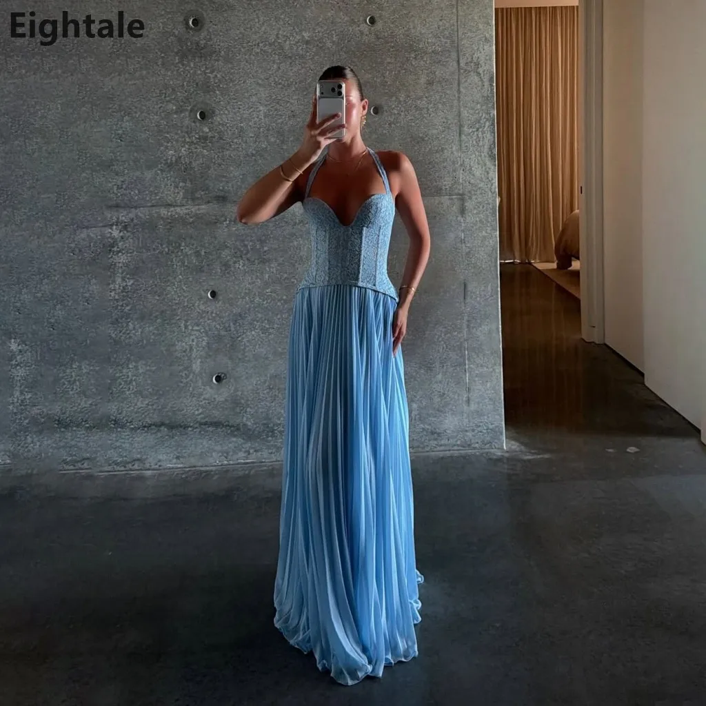 

Eightale 2026 Sky Blue Halter Neck Lace Corset Pleated Chiffon Maxi Evening Dress Saudi Arabic Prom Gown Custom Made