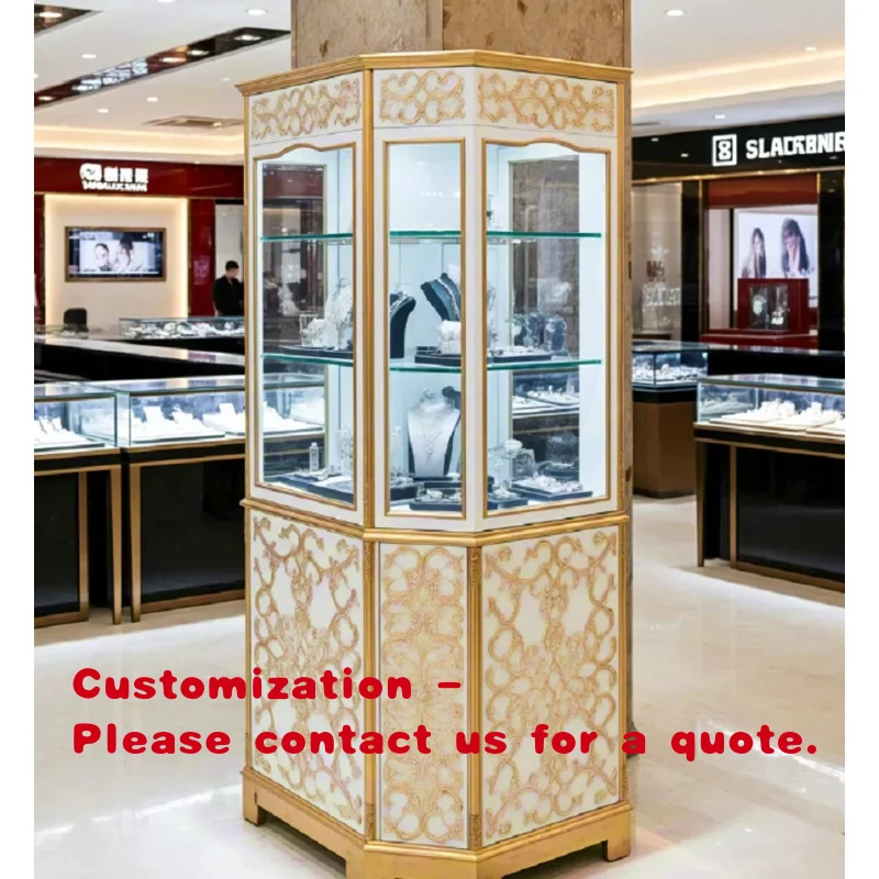 

custom.Luxury European Hexagonal Jewelry Display Cabinet Tempered Glass LED Lighting | White Gold Carved Design | Customizable