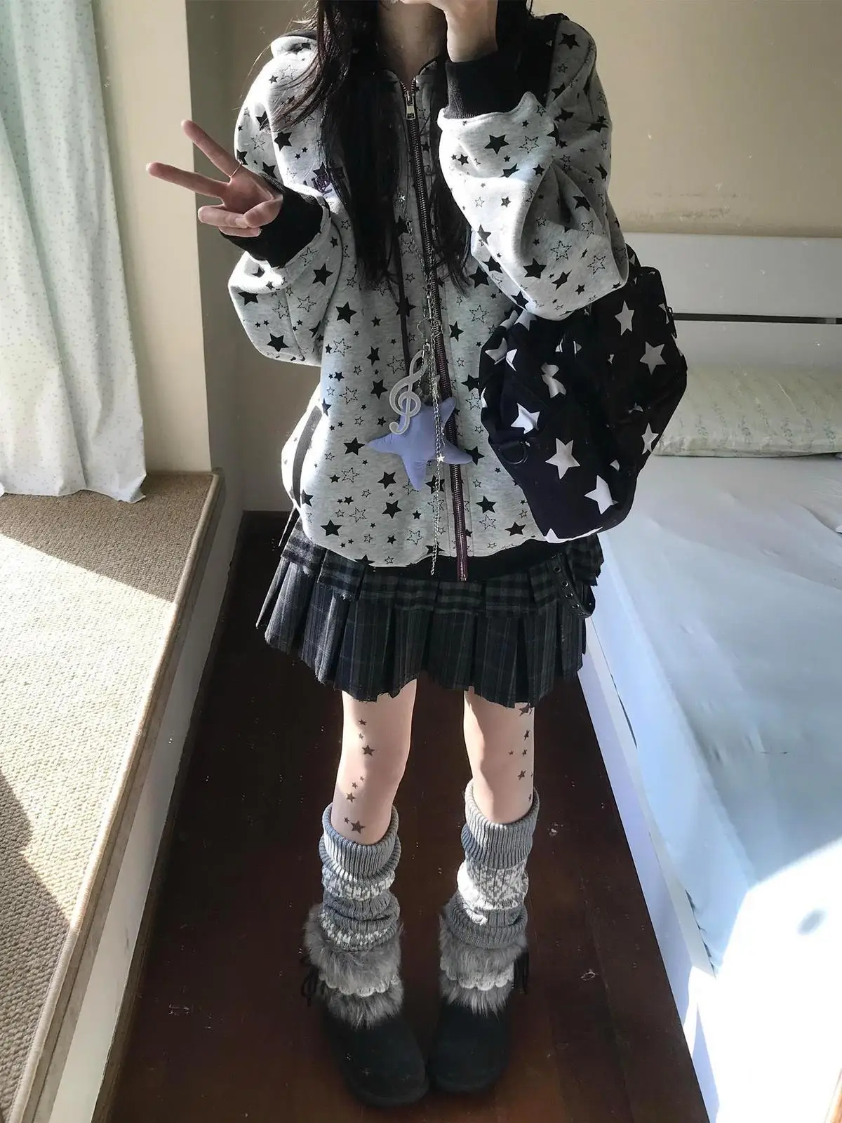 

Onalippa Y2k Light Asian Style Hooded Sweatshirt Women Autumn Winter New Item Star Printed Cardigan Jacket Design Sense Top