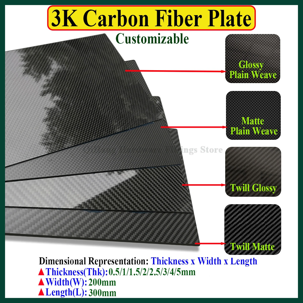 3K Carbon Fiber Sheet Plate High Strength CFRP Panel for Automotive Parts Thickness0.5/1.0/1.5/2/2.5/3/4/5mm 200x300mm
