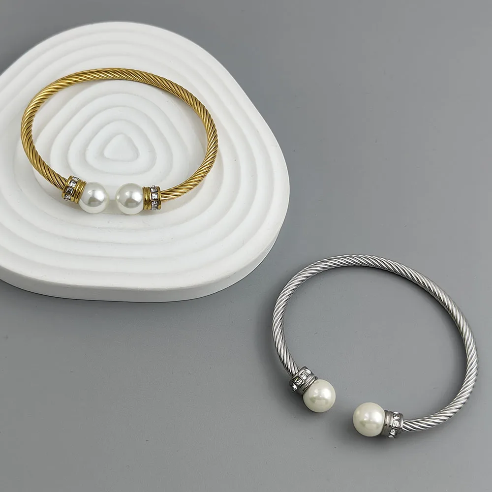 New steel wire button zircon pearl stainless steel gold-plated bracelet 18K, high quality waterproof couple bracelet, wife gift