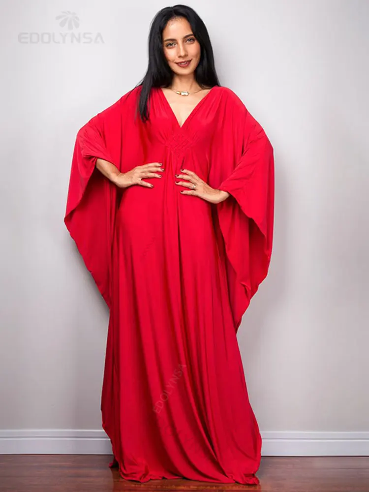 2023 Multicolor V-neck Batwing Sleeve Plus Size Loose Maxi Dress For Women Summer Beach Wear Kaftan Long Bathing Dresses Q1306