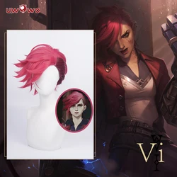 UWOWO Game LOL Arcane Cosplay Vi Wig LOL Arcane Wig Young Ver Vi Cosplay Hair Pink Short Hair Heat Resistant