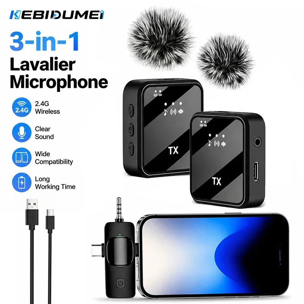 KEBIDUMEI 3-in-1 Wireless Lavalier Microphones with Windproof Cover Mini Microphone for Audio Video Recording Live iOS Android