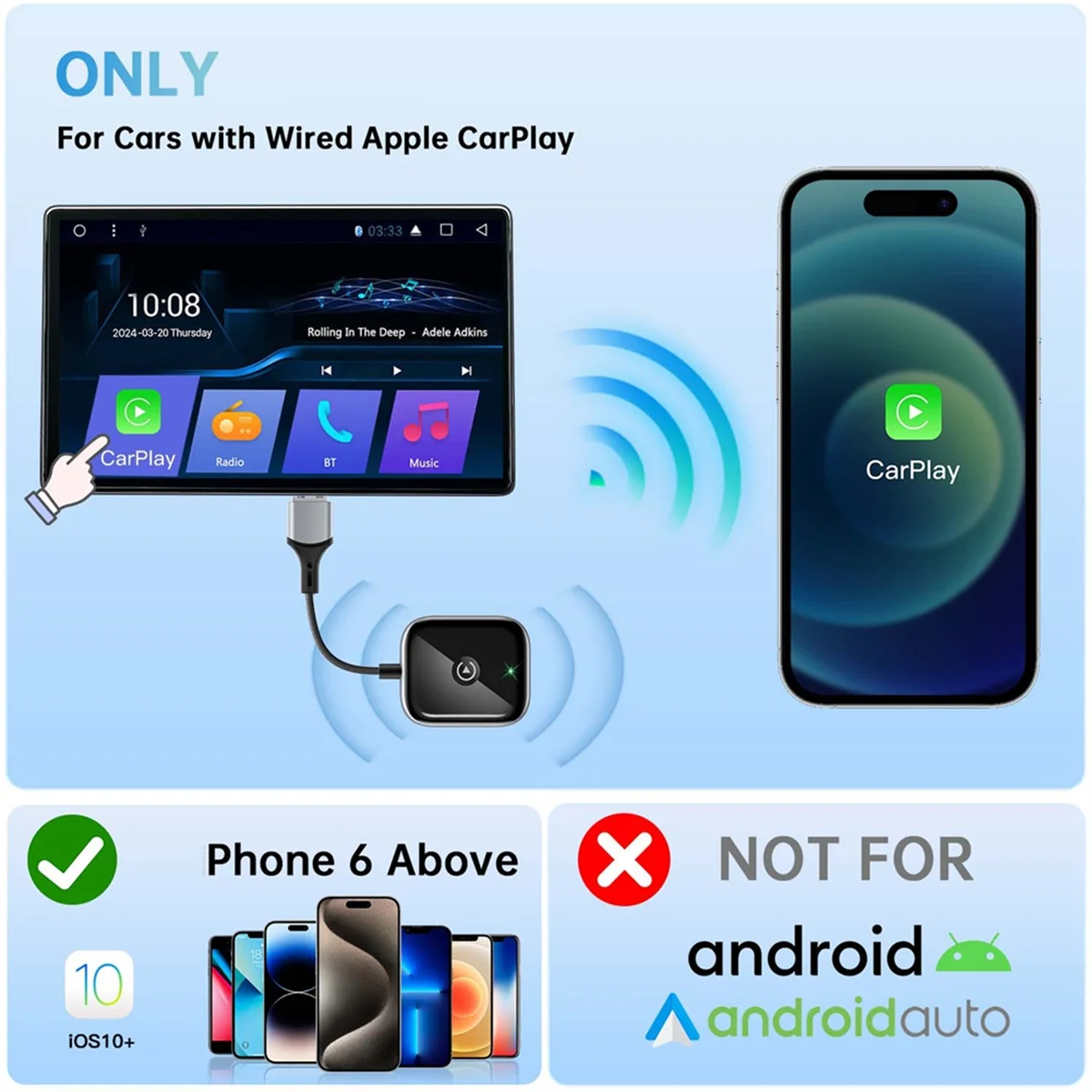New 2 in 1 Wireless Carplay Adapter Wired to Wireless Adapter Car AI Box Plug & Play Mini Car Play Adapter Black