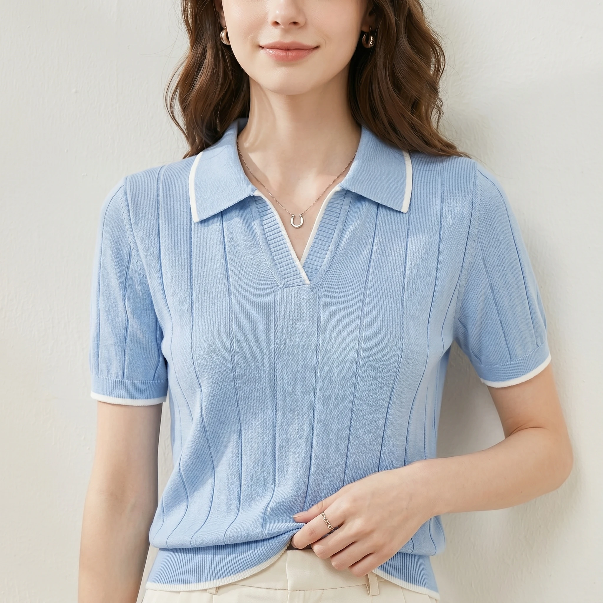 Women's Classic Cotton Knit T-Shirt with Turn-Down Collar & Short Sleeves Sd48d92c92bb3444a9366dbe0c44acb333