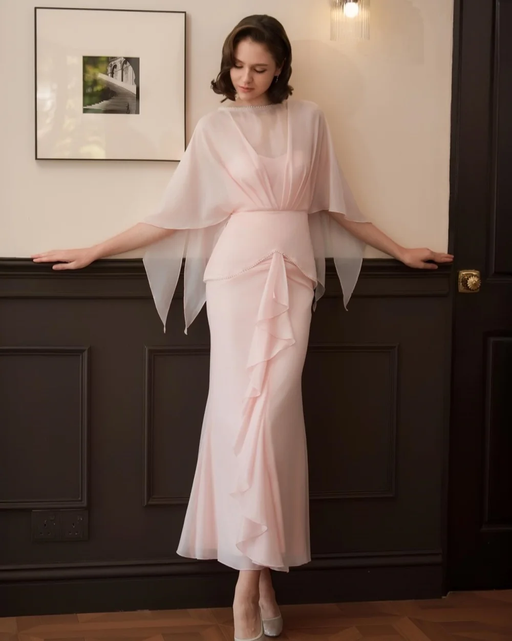 

Индивидуальные высококачественные женские вечерние платья из шифона с жемчужной отделкой и драпировкой, элегантные ретро-платья-русалка с круглым вырезом, без рукавов, длиной до щиколотки