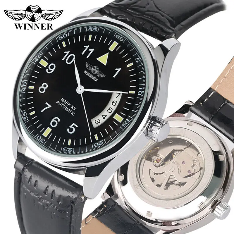 WINNER Mens Automatic Mechanical Watch Black/White Luminous Dial Black Leather Watches