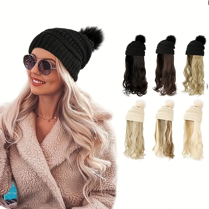 20inch Long Water Wavy Synthetic Hairpiece Beanie Hat - Woven Wigs with Knit Pom Cap and Warm Winter Design - Soft, Detachable,