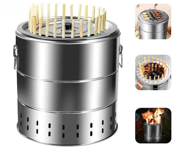 Smokeless Barbecue Charcoal Barrel Grill Stainless Steel Surround Charcoal Kebab Grill with 28 Skewers BBQ Grill Cooking Grate