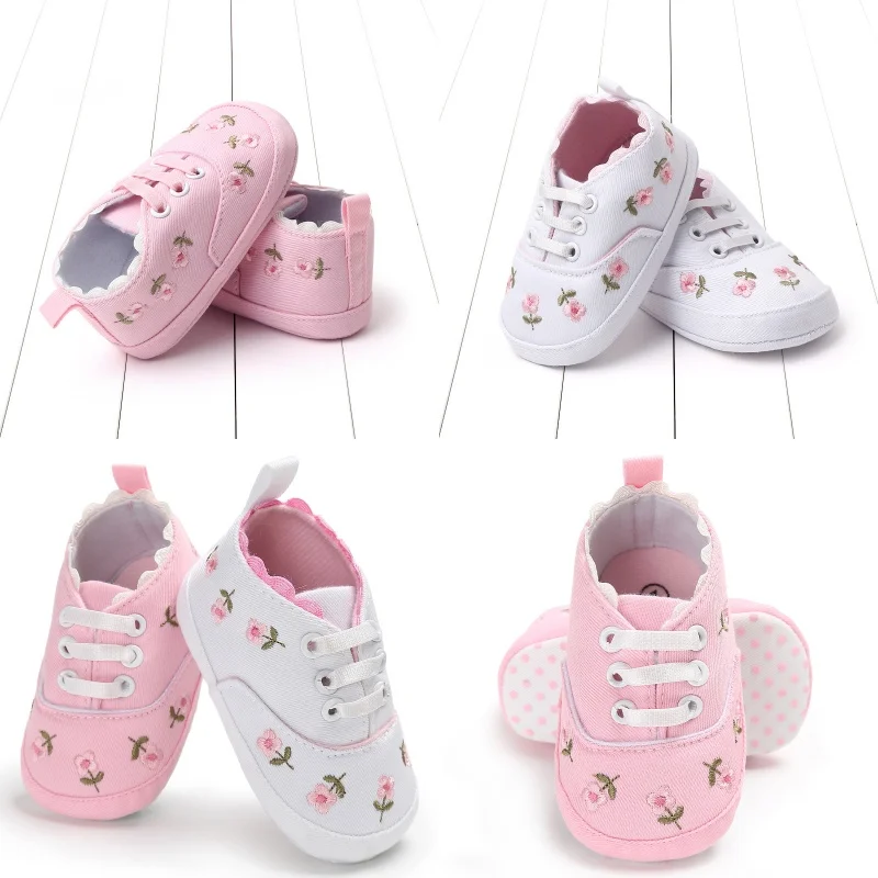 0-18M Newborn Flat Shoes Summer Canvas Embroidered With Small Flowers Anti Slip Fabric Sole Anti Slip Newborn's First Walking