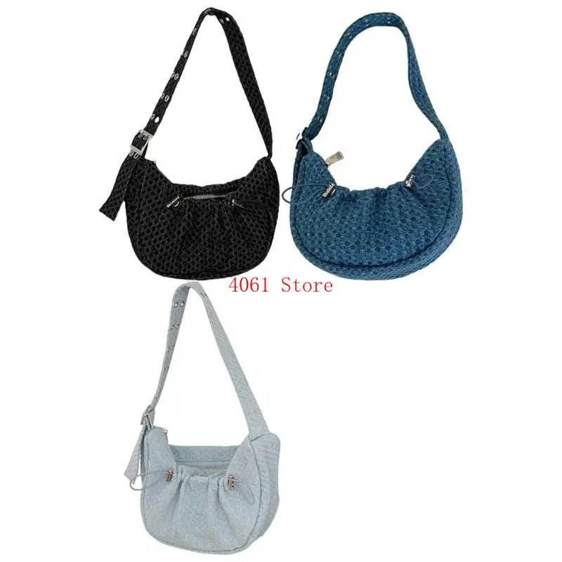 

Checkered Texture Shoulder Bag with Unique Pleats Ruched Drawstring for Women Eyelets Strap Underarm Bag Armpit Handbag