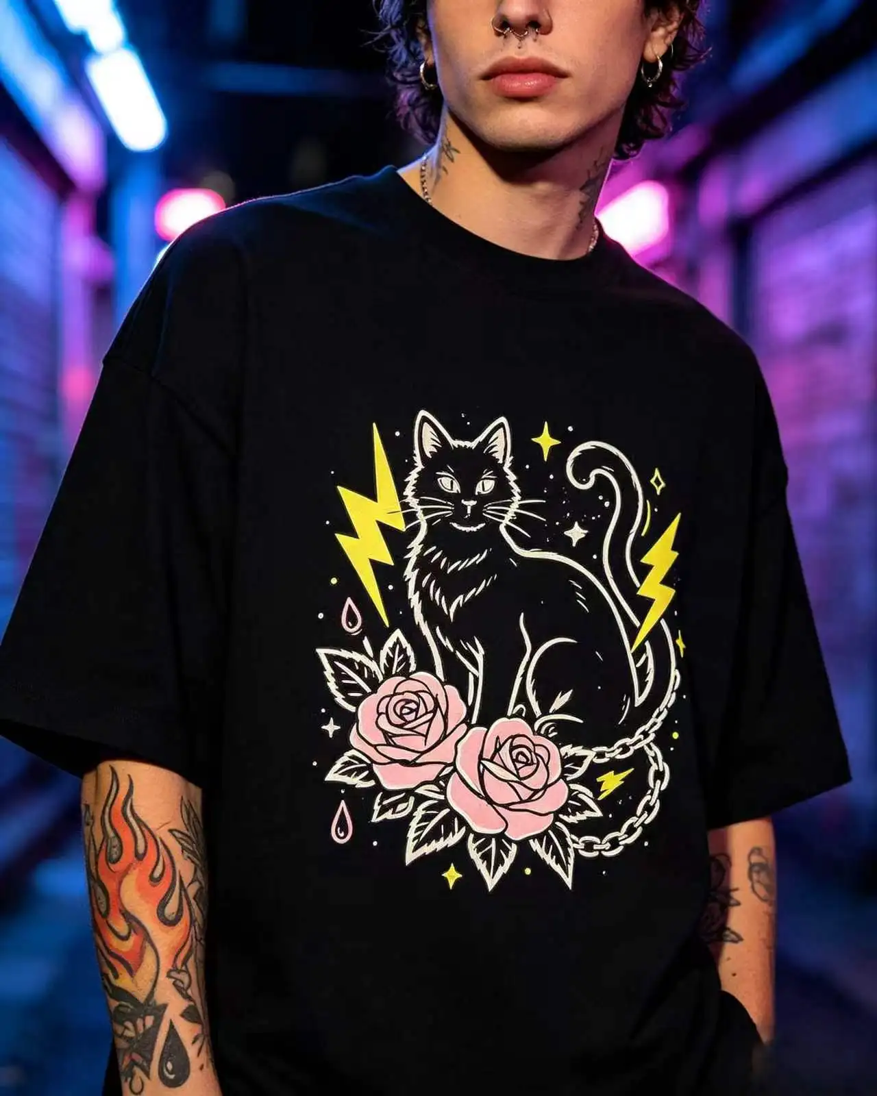 Unisex Black Cat Rose Lightning Star Gothic Tattoo Style Graphic T‑Shirt Men Women Dark Streetwear Oversized Cotton Tee