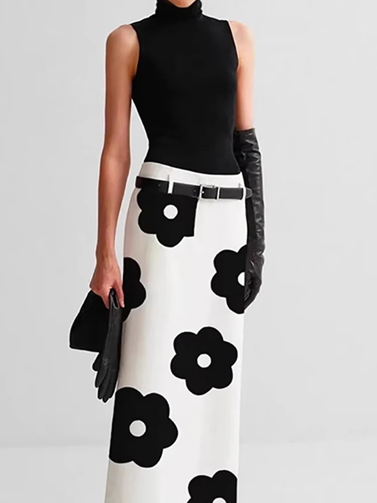 

Black Floral Design Women Two Piece Set Sexy Hollow Out Sleeveless Top and Long Skirt Suit Fashion Summer High Waist Party Suit