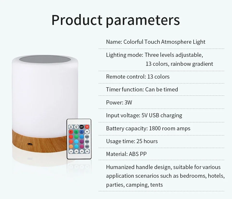 13 Color LED Changing Night Light With Remote Control RGB Touch Dimmable Lamp USB Rechargeable Table Bedside Night Lamp