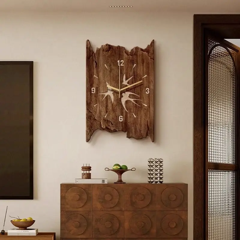 Quiet Wind Dining Room Clock Creative Unique Fake Wood Swallow Painting Wall Hanging Clock Watch TV Sofa Background Decoration
