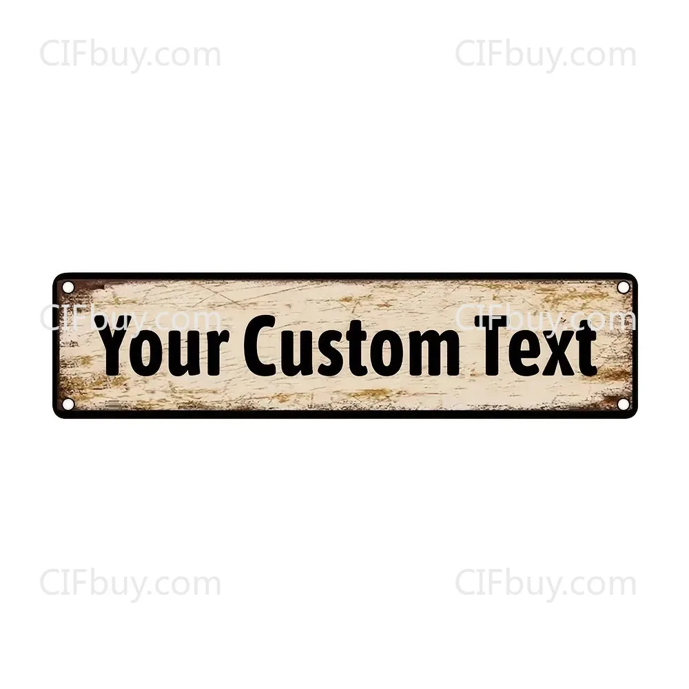 [2D Flat] 1pc Customizable Vintage Wooden Grain Rustic Distressed Metal Plaque With Mount Holes Personalized Text Wall Decor (On
