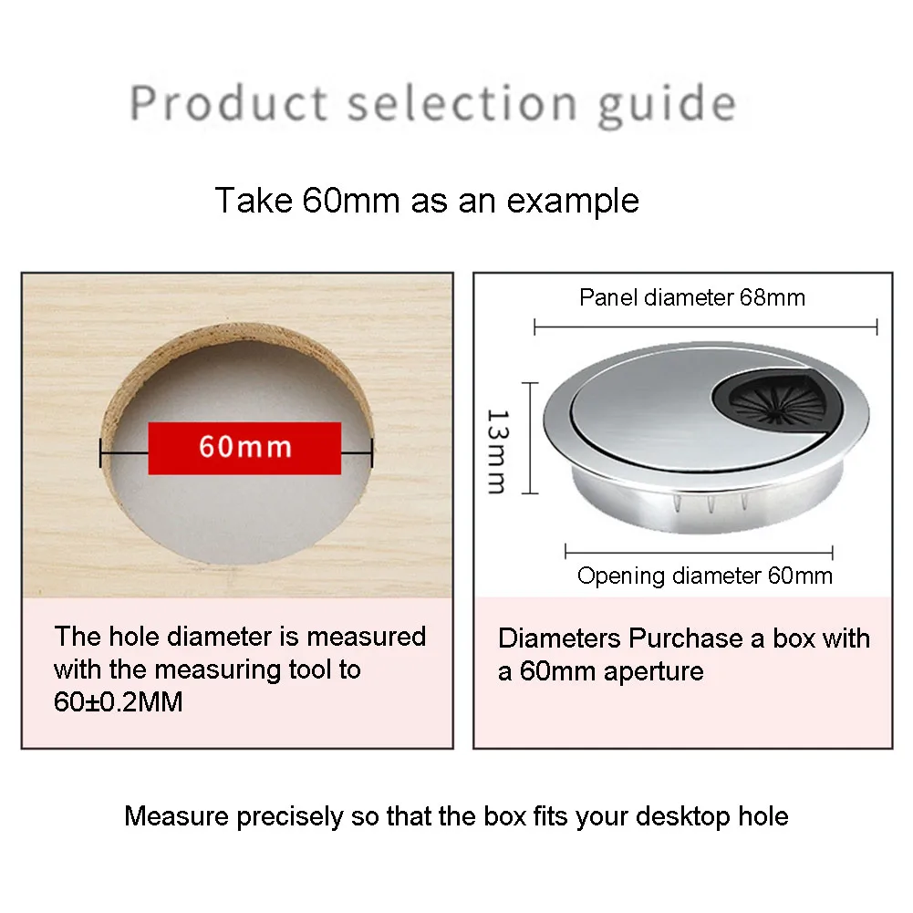 Гладкая и эффективная крышка с отверстиями для кабеля для беспорядка, рабочий стол, жемчужный серебристый цвет, размер 60 мм, съемный дизайн