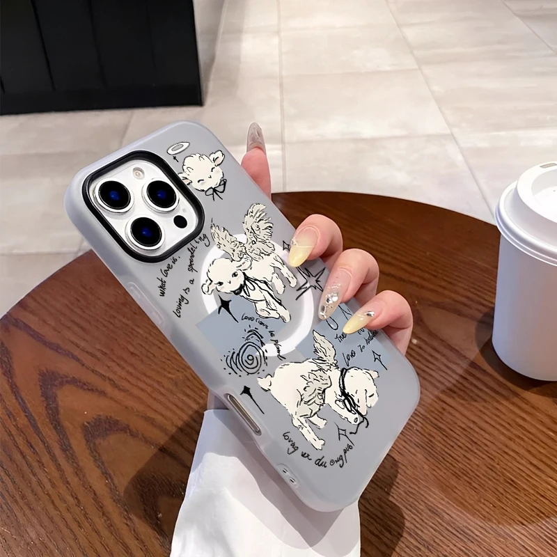 เคสโทรศัพท์ลายการ์ตูนแกะน้อยน่ารักเรียบง่ายทันสมัยพร้อมปีกแม่เหล็ก สำหรับ iPhone 16 15 14 13 12 11 PROMAX