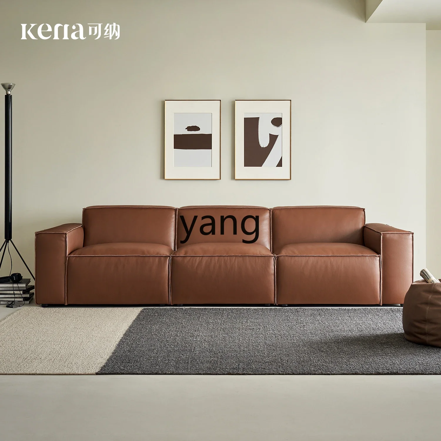 LMM all-leather sofa living room straight row three people sitting deep retro first layer cowhide