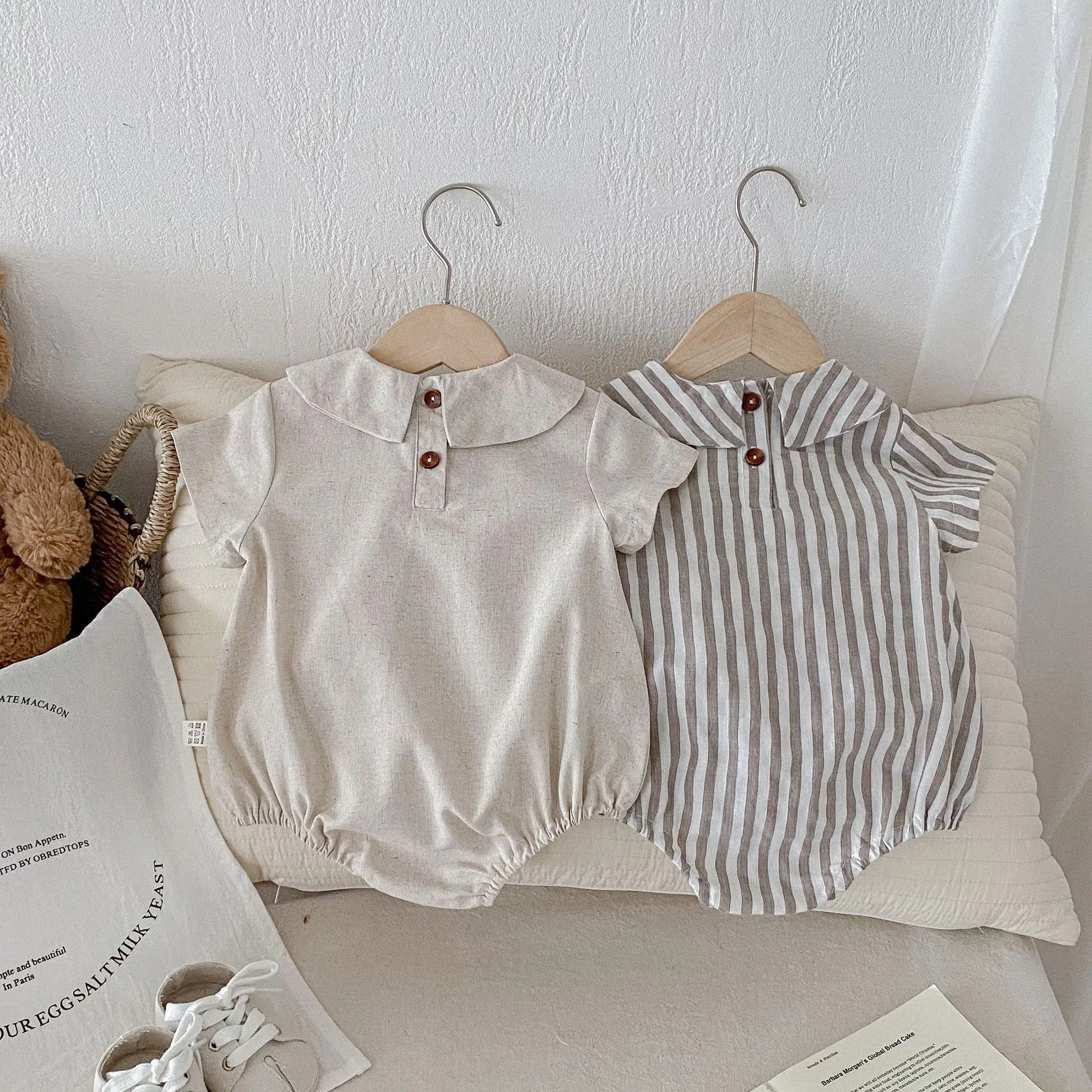 Summer Cotton Toddler Bodysuit Stripe Thin Toddler One Peice Loose Turndown Collar Infant Onesie Newborn Clothing