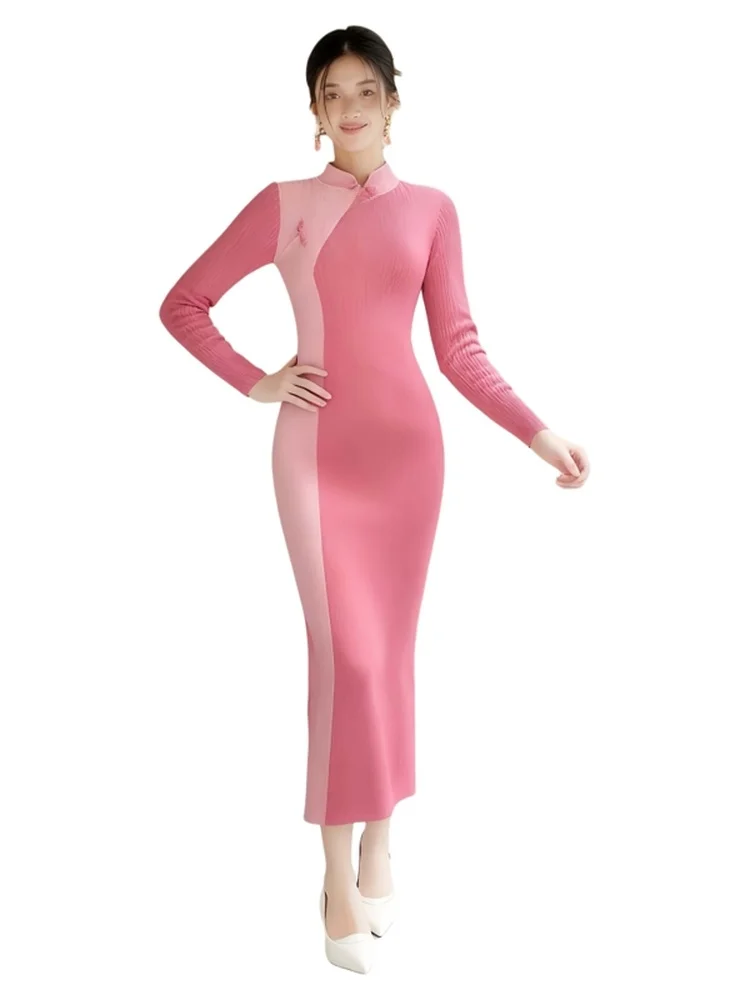 

New Chinese Sle Gentle Cool Pink Dr Women's Autumn Winter Knitted Slim Fit High Waist Wrap Bodycon Dr