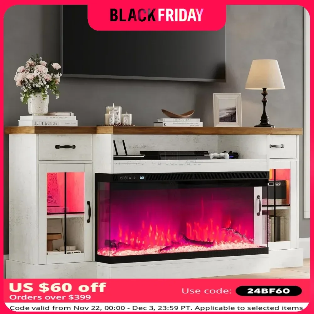 TV Stand with Adjustable Storage Cabinets Farmhouse TVs Stand with 2 Drawers, LED Light&LED Lights Electric Fireplace TV Console