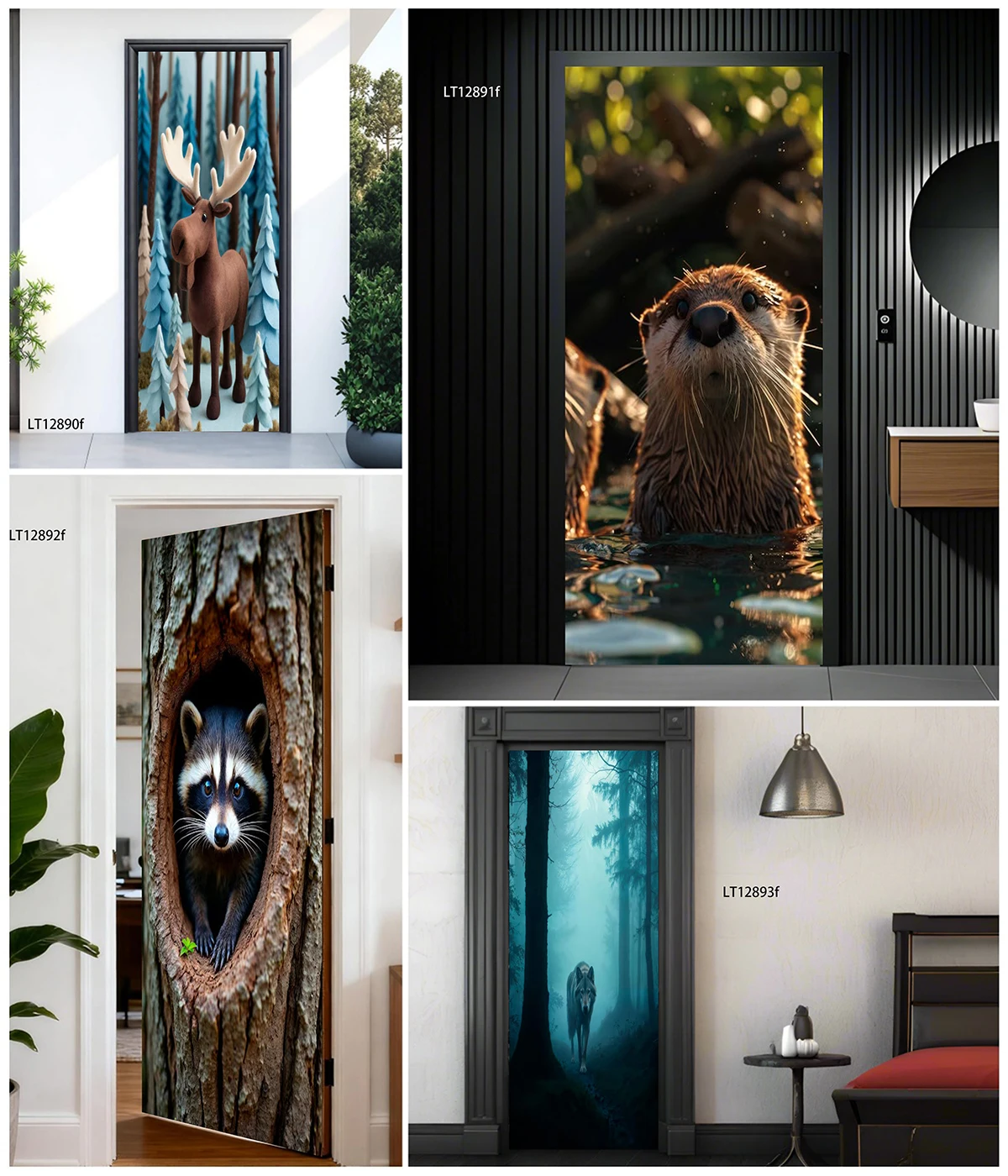 Peel&Stick Vinyl Door Decal Realistic Wild Animal Moose Raccoon Otter Foggy Forest Mural Waterproof Door Wrap DIY Wall Decor