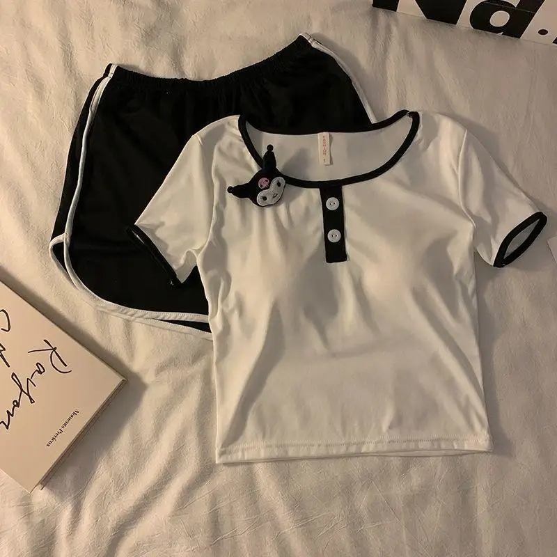 

Пижамы Sanrio для девочек, 2 шт., летние шорты Kuromi, новый стиль с накладкой на грудь, тонкий стиль из ледяного шелка, милая повседневная уличная домашняя одежда