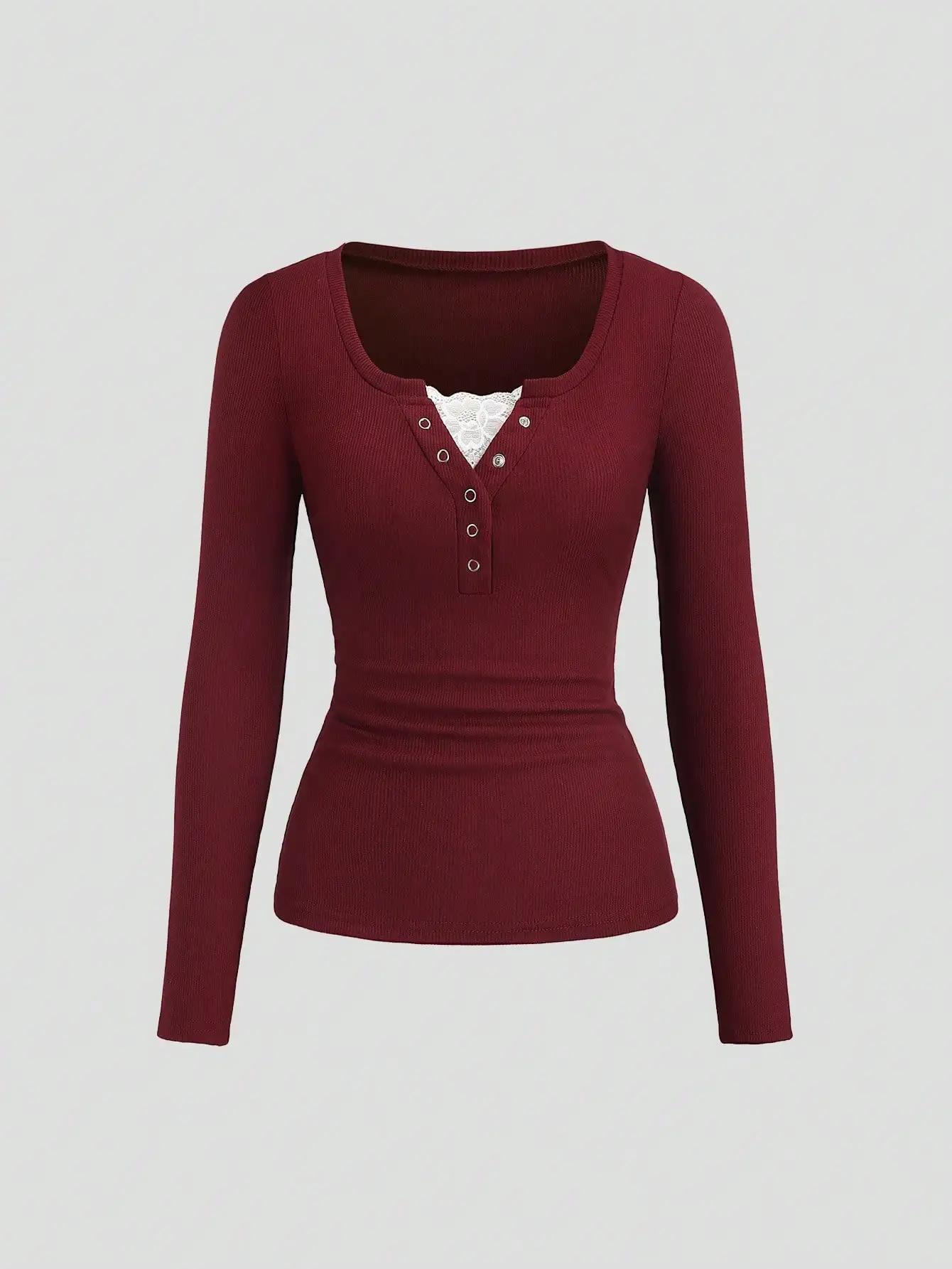 Top Henley de Manga Larga Acanalado para Mujer con Inserto de Encaje, Suave, Cómodo y Ajustado para Otoño