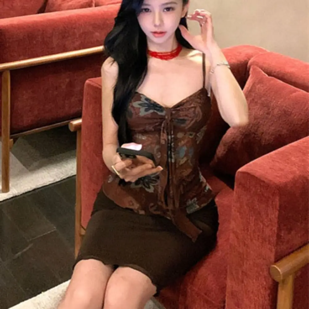 

Fashion Pleated Transparent Flower Camisole Lace Up Sweet V-neck Printing Corset Sleeveless Korean Style Slim Crop Tops Ladies